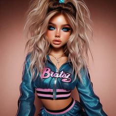 a barbie doll with blonde hair and blue eyes wearing a cheerleader outfit in front of a pink background