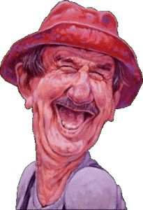 an old man wearing a red hat and smiling at the camera with his mouth open