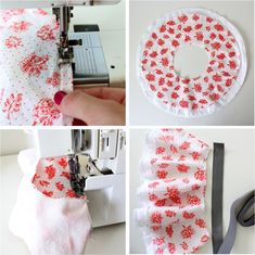 four pictures showing how to sew with the sewing machine