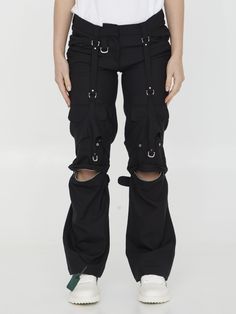 Cargo pants in black nylon with front straps. It features zip, button and hook-and-eye closure and multi-pocket design. Regular fit. The model is 178cm tall and wears size IT 40.  Size nationality: IT  Product number: 9227072  Product code: OWCF020F23FAB0011000  Composition: 53% polyester, 43% virgin wool, 4% elastane Off White Cargo Pants, White Cargo Pants, Platform Wedge Heels, Black Nylon, Premium Brands, Dress With Cardigan, Clothes Collection, Black Nylons, Bag Straps