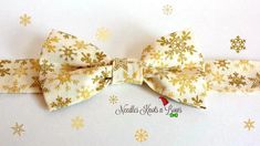 Snowflake Bow Tie, Gold Snowflakes on Cream Pre Tied Bow Tie, All Size – Needles Knots n Bows Collarless Shirt, Headband Jewelry, Gold Snowflake