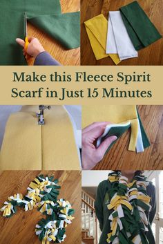 the steps to make this fleece spirit scarf in just 15 minutes are shown here