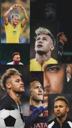 many different pictures of soccer players with their faces in the same photo, and one has his hand on his head