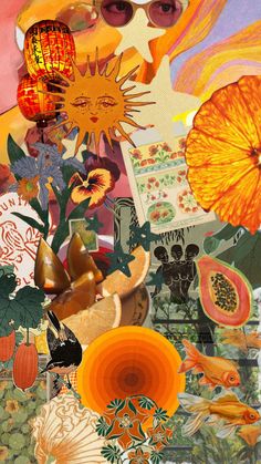 a collage of pictures with flowers and other things on it's surface, including an orange flower