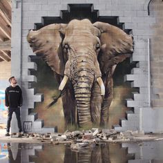 a man standing in front of a painting of an elephant