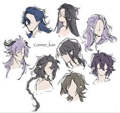 an anime character's hair is shown in different styles and colors, including blue, purple