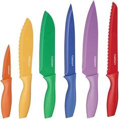 five different colored knives in a row with the same handle on each side and one has an open end