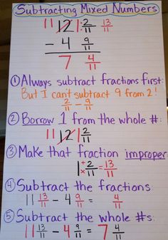 a white sheet with writing on it that says subtracting mixed numbers and 7