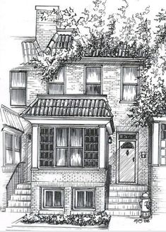 this is a black and white drawing of a house