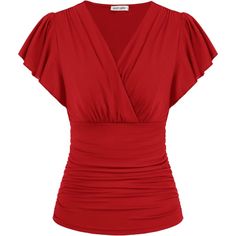 The Stylish Ruched Tops For Women With A Close, But Comfortable Fit With Easy Movement With A Wrap V Neckline, Ruched Front, Short Ruffle Sleeves, Slim Fit, Solid Color, Elegant Wrap Tops Show Your Graceful Curves In Any Occasions. Elegant Women Tops, Vintage Black Ruched Tops, Womens White Tops, Casual Work Shirt, Long Sleeve Blouse, Wrap Blouse, Fashionable Dressy Tops, Summer Womens Tops, Wrap V-Neckline Can Improve The Feminine Charms And Show Your Superb Necklace. This Wrap Tops For Women I Blouses For Big Belly Women That Slenderizes Bossom, Elegant Ruched Top With Short Sleeves, Elegant Ruched Short Sleeve Tops, Elegant Short Sleeve Ruched Top, Red V-neck Top For Office, Fitted Ruched Red Blouse, Red V-neck Tops For Evening, Red V-neck Summer Blouse, Elegant Red V-neck Tops