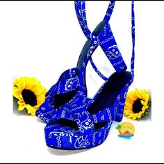 -Blue -Open Toe -Strappy -Chunky Heeled Royal Blue Bandana, Ribbon Heels, Faux Fur Heels, Butterfly Heels, Dolls Kill Shoes, Red Platform, Blue Bandana, Fur Heels, Pink Jewels