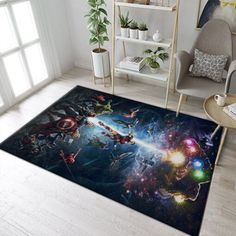 an area rug with avengers characters on it