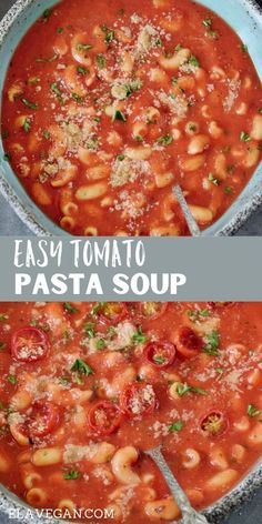 easy tomato pasta soup in a blue bowl