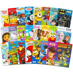 many children's books are shown together in this collage with the characters from disney and pixama