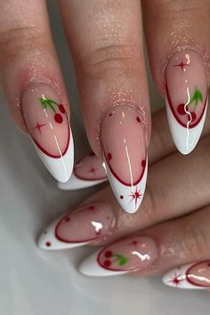 nails, nail design, nail idea, nail inspo 2024, summer nails, nail art, nail color, colourful, it girl, lifestyle, inspiration, motivation, girls Red Almond Nail Designs, Simple Cherry Nails, Pink And Red Cherry Nails, Almond Nails Designs Christmas, Acrylic Nails With Cherry Design, Almond Acrylic Nails Cherry, Almond Nails Cherry Design, Cherrie Nails Design