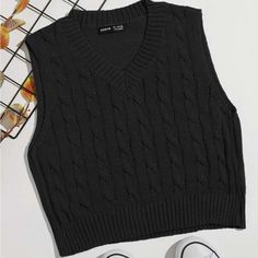 Never Worn Before, Brand New. Black Cable Knit V-neck Top, Black Cable Knit Tops For Spring, Spring Black Cable Knit Top, V Neck Cable Knit Sweater, Sweater Vest Black, Black Sweater Vest, Cable Knit Sweater Vest, Shein Sweater, Sweaters Black