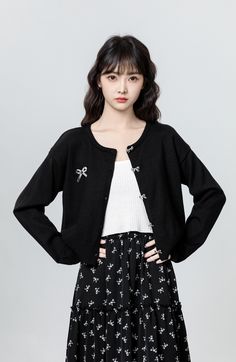 Black Knit Silver Bow Buttons Cardigan Black M Fashion Chingu, Zippered Cardigan, Collar Cardigan, Silver Bow, Yellow Lace, Cardigan Black, Button Cardigan, V Neck Cardigan, Cardigan Fashion