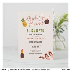 a pink and green pineapple beach bridal party card with flip flops on the bottom