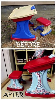 the before and after photos of an old table with red, white and blue chairs