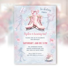 an ice skating birthday party with pink boots and snowflakes