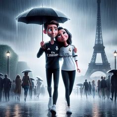 a man and woman walking in the rain under an umbrella with their arms around each other