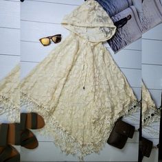 Drawstring Lace Hoodie Shawl Cream Hooded Hoodie For Spring, Spring Bohemian Hooded Hoodie, Hooded One Size Outerwear For Spring, Hooded Outerwear For Spring, Lace Hoodie, Shawl, Fast Delivery, Cream, Lace