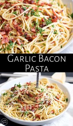 garlic bacon pasta in a white bowl