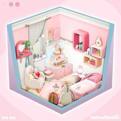 an image of a doll's bedroom in pink and blue colors with furniture on the floor