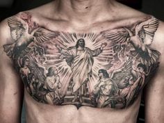 Jesus Chest Tattoo, Tattoo Designs Chest, Mens Side Tattoos, Chest Tattoo Sketches, Clock And Rose Tattoo, Pop Culture Tattoos, Chest Tattoo Drawings, Mens Body Tattoos