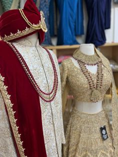 Men’s Sherwani: Ivory sherwani with embroidered with sequins and stone work. Paired with matching pants. Women's Bridal Lehenga: Gold color lehenga intricate with fully sequence, studs motifs thread embroidery and crystal stone flared lehenga. Styled with a matching blouse and net dupatta. Fabric: Silk Lehenga Gold, Ivory Sherwani, Flared Lehenga, Mens Sherwani, Sherwani For Men, Matching Outfit, Net Fabric, Net Dupatta, Thread Embroidery