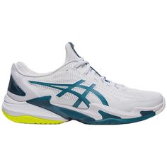 the asics shoes are white and blue with yellow accents on the outsides