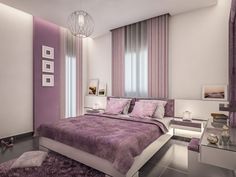 a bed room with a neatly made bed and purple comforter