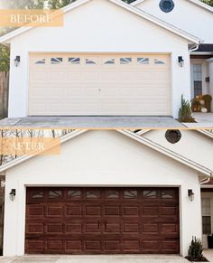 before and after shots of a white house with brown garage doors