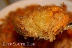 a close up of a spoonful of food on a plate with meat and gravy