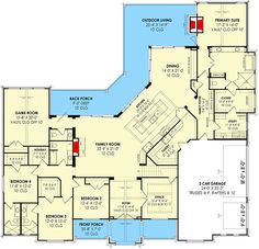 the first floor plan for this house is very large and has two master suites on each side