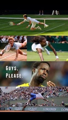 four different pictures of tennis players on the same team, with one player hitting the ball