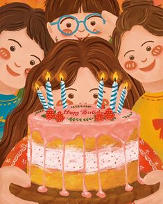 a painting of three children standing in front of a birthday cake with candles on it