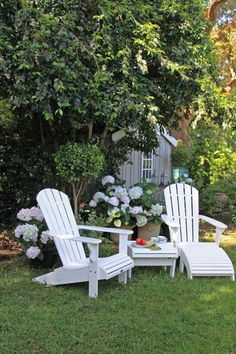 two adiron chairs and a table in the grass next to some bushes with flowers