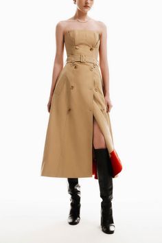 Chic Belted Fitted Dress, Chic Midi Length Dress With Hidden Button Closure, Chic Midi Dress With Hidden Button Closure, Elegant Belted Midi Dress With Button Closure, Chic Beige Midi Dress With Fitted Bodice, Office Wear Double-breasted Belted Dress, Double-breasted Belted Dress For Office, Chic Belted Dress For Office, Sleeveless Beige Belted Midi Dress