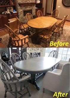 before and after photos of a dining room table being refinished with new chairs