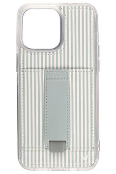 a white and blue striped case with a card slot