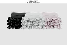 three different colored ruffled skirts with black, white and pink