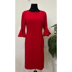 N4/W15/2923) Nwt Dkny Women's Red Bell Sleeve Sheath Dress Size 10 Msrp $129. Back Zip Closure. New With Tags. Please Zoom To See Details As They Are Important Part Of The Description. Check Out Other Items In Our Store! Happy Shopping! Approx. Measurements Chest (Pit To Pit): 18.5" Waist (Across): 16" Length (Shoulder To Bottom): 37" Fitted Red Lined Midi Dress, Fitted Red Midi Dress For Formal Occasions, Red Fitted Midi Dress For Formal Occasions, Red Sheath Midi Dress For Work, Red Knee-length Dresses For Office, Red Knee-length Office Dress, Red A-line Office Dress, Red A-line Dress For Office, Elegant Red Lined Dress