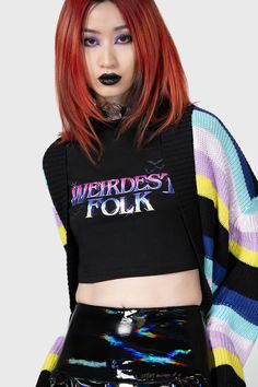 WEIRDEST FOLK.- Soft, stretch material.- Statement, custom graphic.- Text reads 'Weirdest Folk'.- Raglan style.- Cropped.- Fitted.With KILLSTAR branding, Fabric 1: 100% Cotton, Fabric 2: 82% Viscose 18% Elastane. Machine wash cold (30°C) / Do not bleach / Do not tumble dry / Iron at low temperature / Do not dry clean. Imported. Fitted Letter Print T-shirt For Alternative Fashion, Fitted Letter Print Alternative T-shirt, Stretch Crew Neck T-shirt For Alternative Fashion, Cotton Slogan Tops For Alternative Fashion, Cotton Tops With Slogan For Alternative Fashion, Letter Print T-shirt For Alternative Fashion In Spring, Alternative Style Letter Print T-shirt For Fall, Cotton T-shirt For Alternative Fashion In Fall, Band Merch Tops With Text Print For Fall