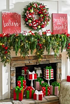 a fireplace decorated for christmas with presents