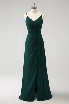 Deep green A-line thin shoulder strap and ground chiffon slit bridesma – LD Dress Bridesmaid Dark Green Dresses, Emerald Green Bridesmaids Dress, Dark Green Ball Dress, Dark Green Bridesmaid, Dark Green Bridesmaid Dress, Green Bridesmaid Dress, Bridesmaid Dress Chiffon, Green Spaghetti, Lovely Partner