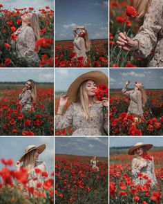 a woman in a field with red flowers holding a flower up to her face and looking at the camera