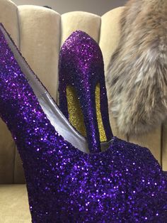 "These beautiful ombré heels are covered in a royal purple glitter starting at the toes and gradually transitions into a pink based purple glitter near the backs of the heels. This glitter is a chunky/ ultra fine mix that creates an exceptional sparkle and insures that every teeny tiny MM is covered by glitter. All of our heels are sealed with a water resistant sealant that also helps to protect the artwork. This heel is available in additional colors and shoe styles and is shown in a tall 6\" h Glamorous Purple Party Heels, Glamorous Purple Heels For Wedding, Glamorous Purple High Heels, Purple Glitter High Heels, Ombre Purple, Glitter High Heels, Womens Pumps, Spokane Wa, Purple Glitter