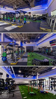 the inside of an indoor gym with equipment and artificial grass on the floor, in three different views