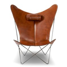 a brown leather chair with a metal frame